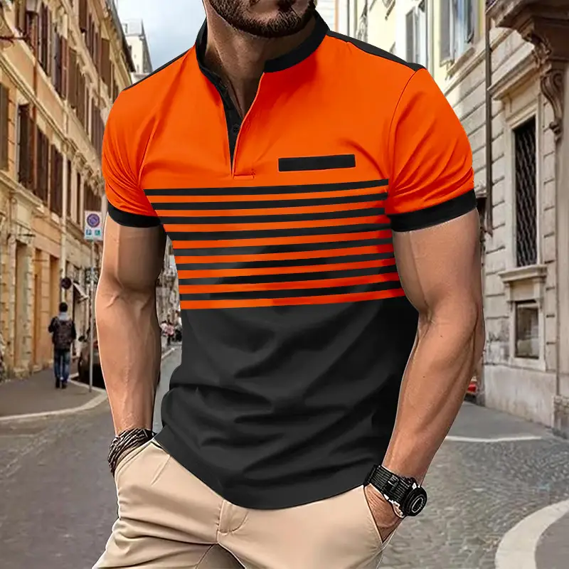 Men Printed Striped Polo Shirt Grey Black Short Sleeve - Image 4