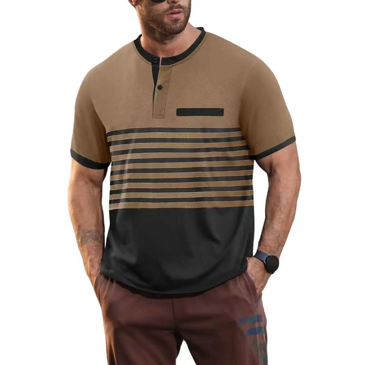Men Printed Striped Polo Shirt Grey Black Short Sleeve - Image 6