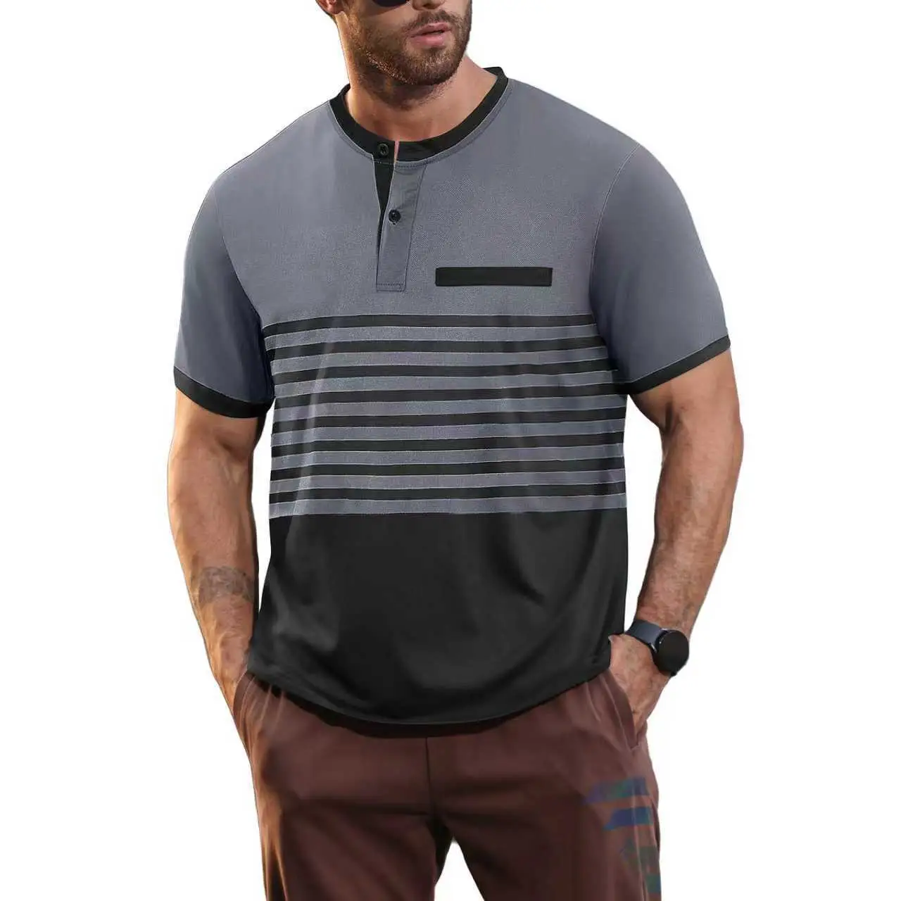 Men Printed Striped Polo Shirt Grey Black Short Sleeve - Image 7