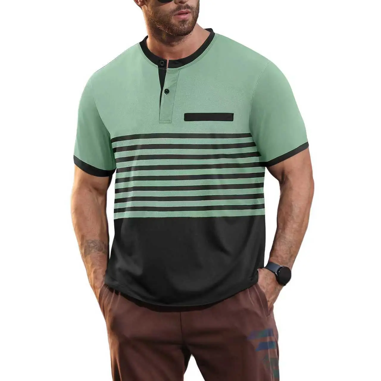 Men Printed Striped Polo Shirt Grey Black Short Sleeve - Image 8