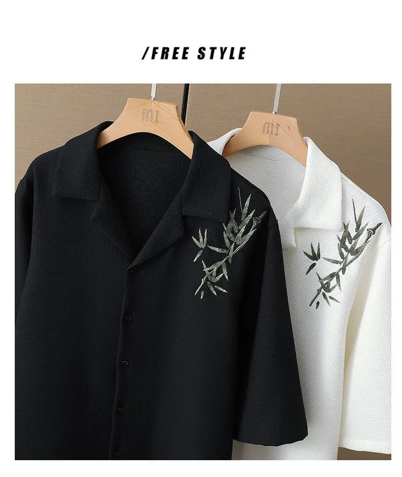 Men's Black Bamboo Leaf Embroidered Short Shirt — feature 3