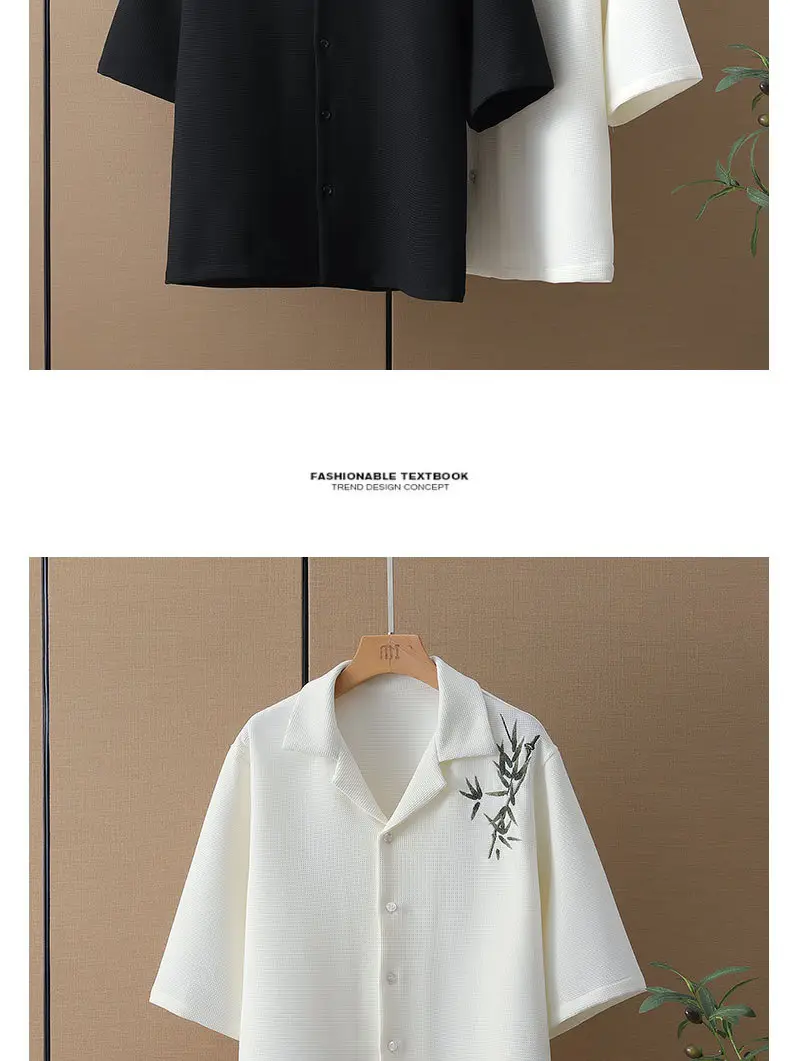 Men's Black Bamboo Leaf Embroidered Short Shirt — feature 5