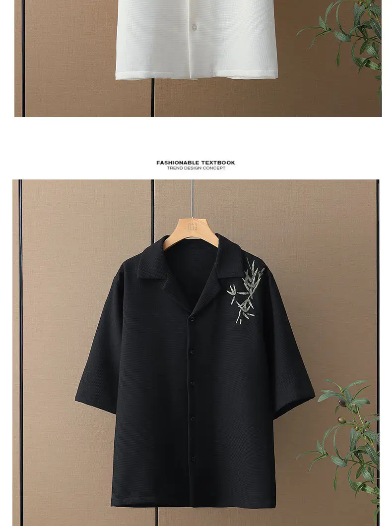 Men's Black Bamboo Leaf Embroidered Short Shirt — feature 6