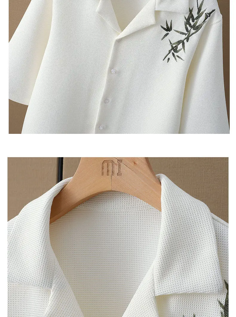 Men's Black Bamboo Leaf Embroidered Short Shirt — feature 9