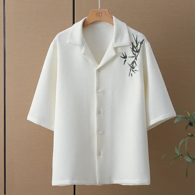 Men's Black Bamboo Leaf Embroidered Short Shirt