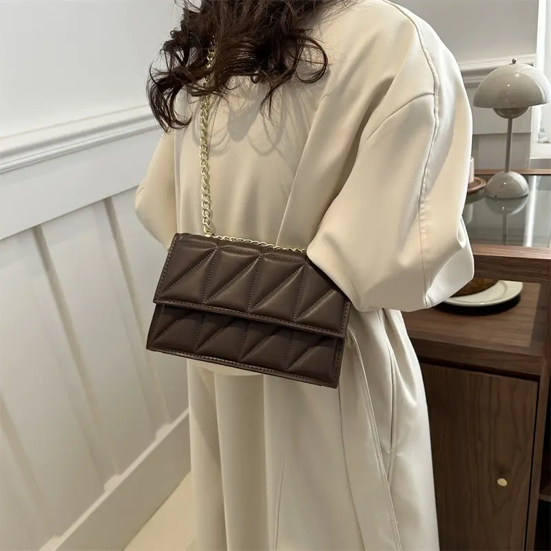 Women's Square Chain Shoulder Bag White Gold Rhombic Design - Image 10