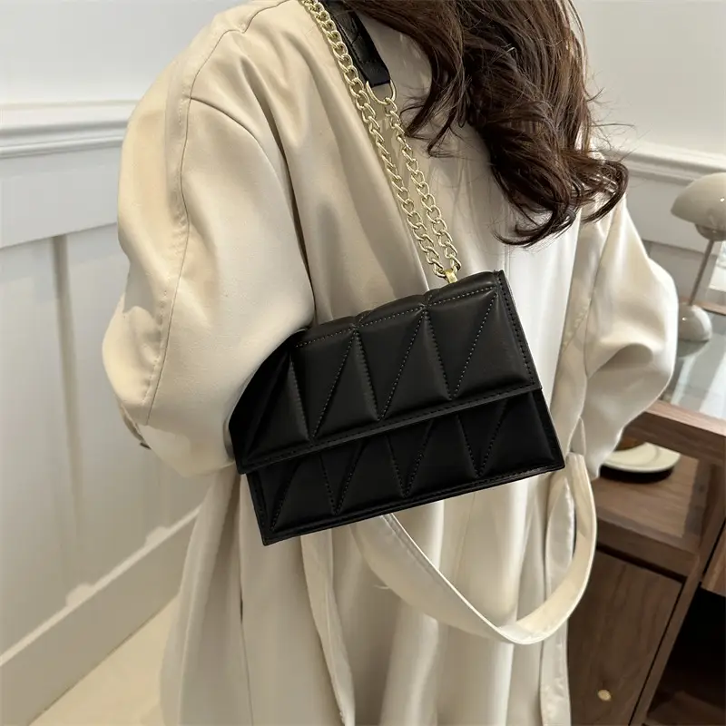 Women's Square Chain Shoulder Bag White Gold Rhombic Design - Image 11