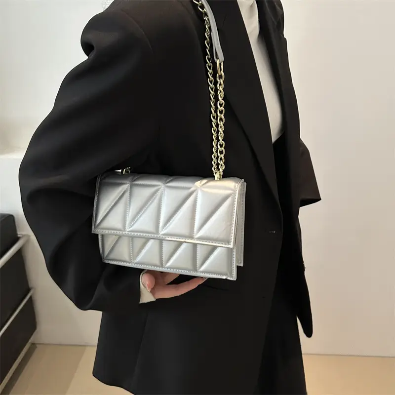 Women's Square Chain Shoulder Bag White Gold Rhombic Design - Image 12