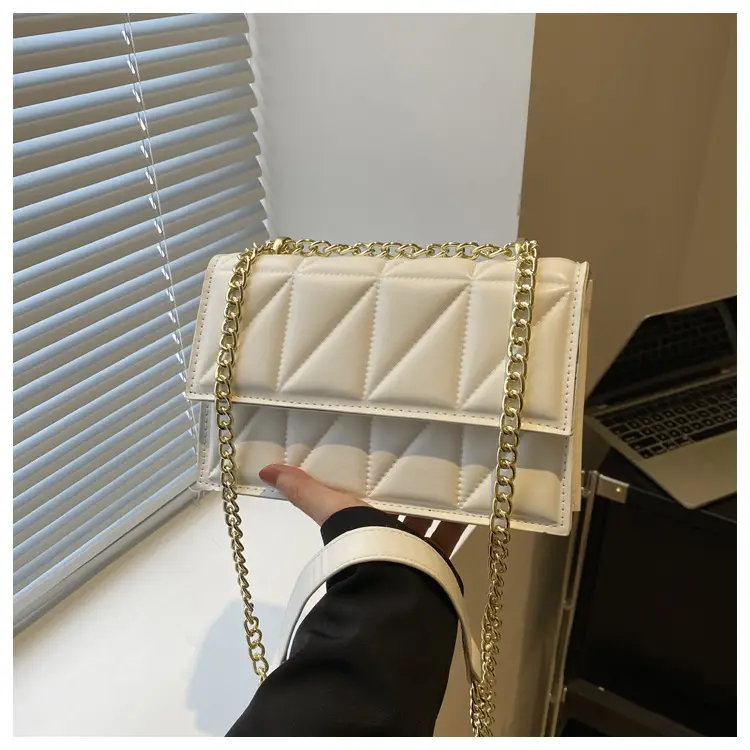 Women's Square Chain Shoulder Bag White Gold Rhombic Design - Image 2