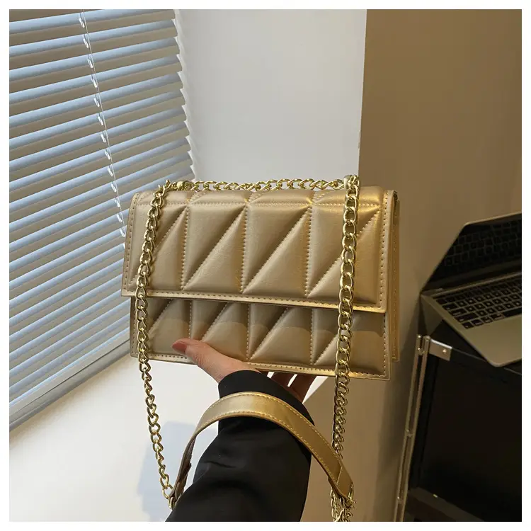 Women's Square Chain Shoulder Bag White Gold Rhombic Design - Image 3