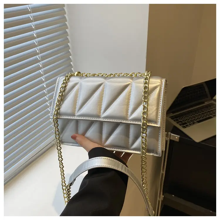 Women's Square Chain Shoulder Bag White Gold Rhombic Design - Image 8