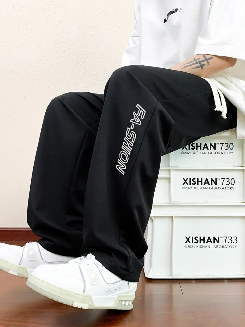 Men Black Straight Ice Silk Pants Summer Loose Wide Leg Sports Casual - Image 25