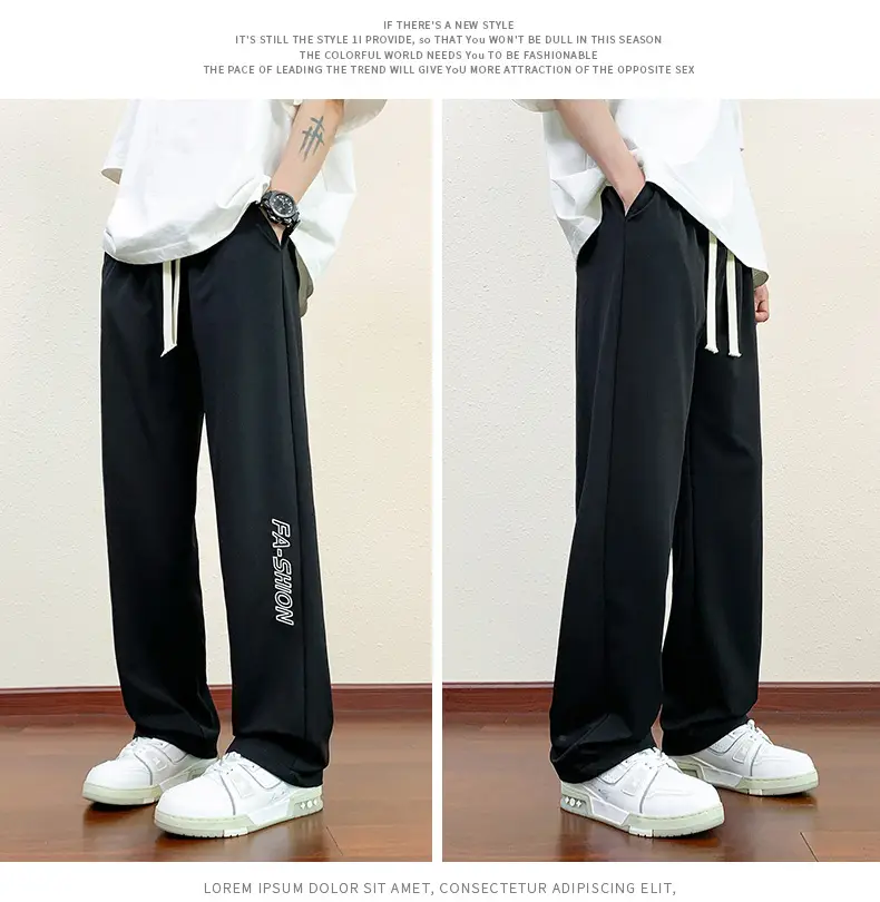 Men Black Straight Ice Silk Pants Summer Loose Wide Leg Sports Casual — feature 13