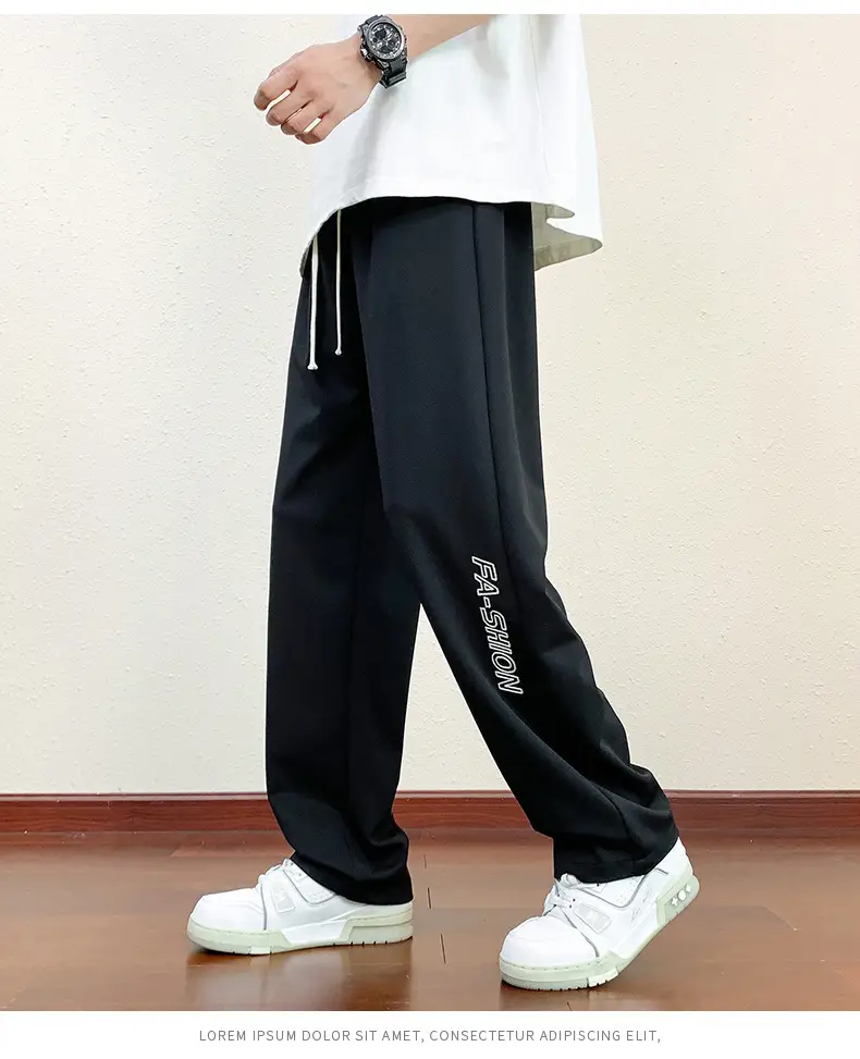 Men Black Straight Ice Silk Pants Summer Loose Wide Leg Sports Casual — feature 14