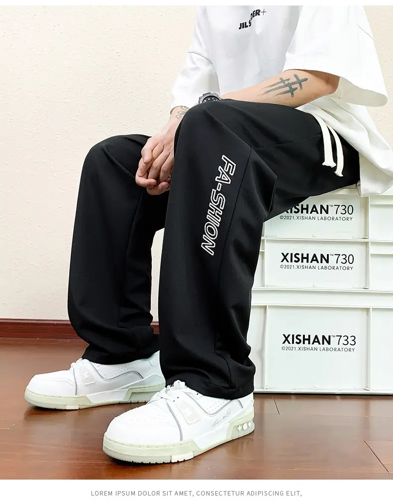 Men Black Straight Ice Silk Pants Summer Loose Wide Leg Sports Casual — feature 16
