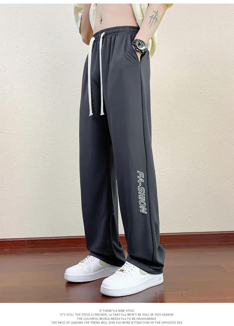 Men Black Straight Ice Silk Pants Summer Loose Wide Leg Sports Casual — feature 17