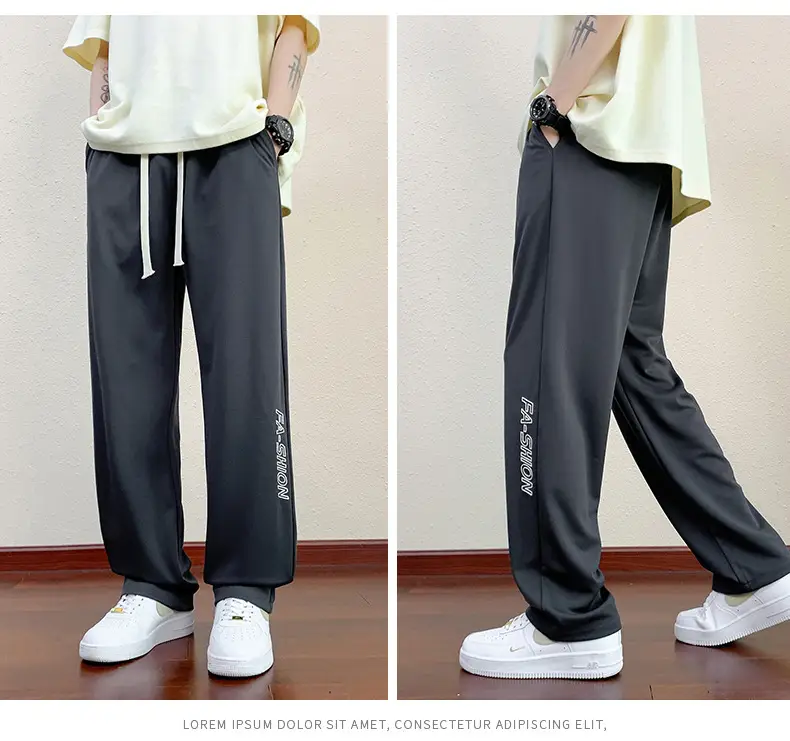 Men Black Straight Ice Silk Pants Summer Loose Wide Leg Sports Casual — feature 18
