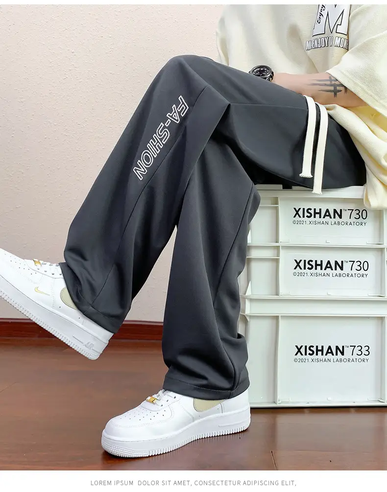 Men Black Straight Ice Silk Pants Summer Loose Wide Leg Sports Casual — feature 20
