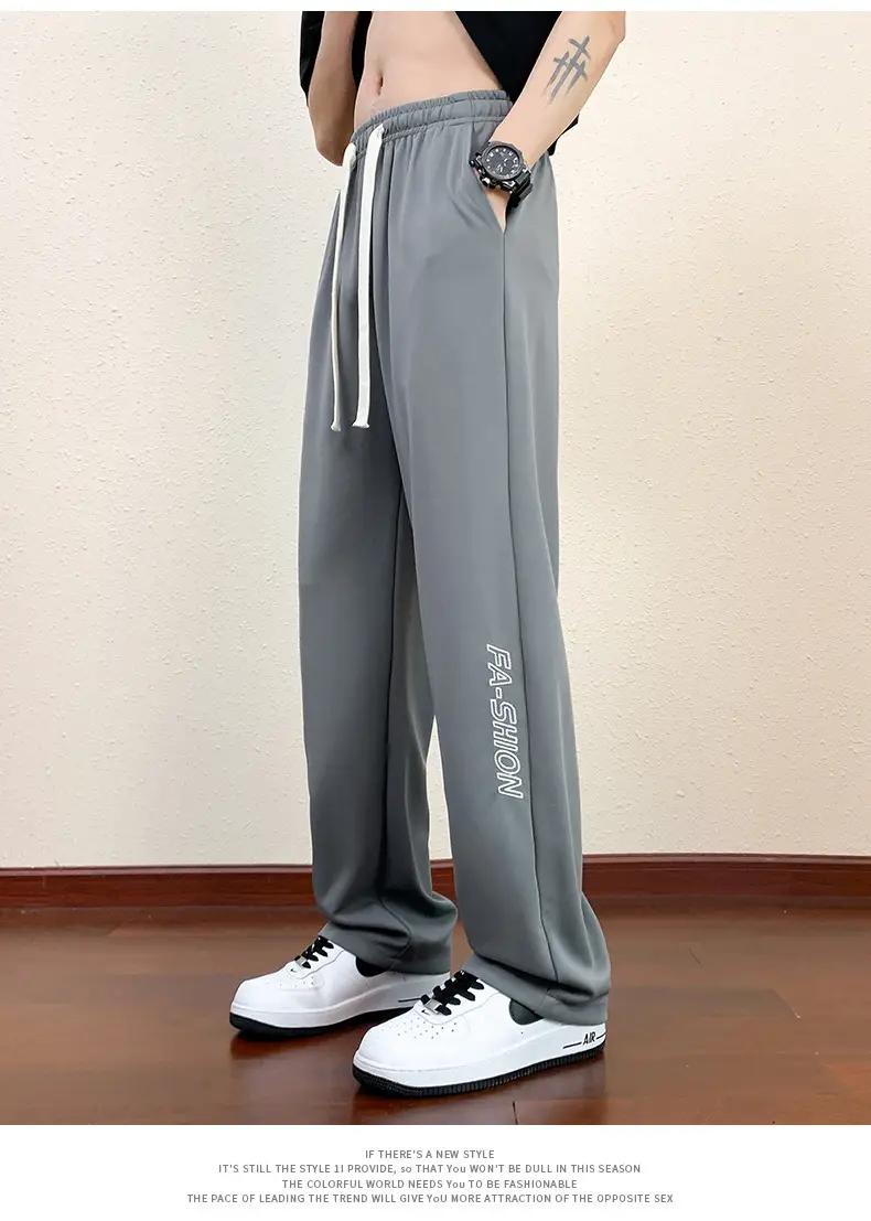 Men Black Straight Ice Silk Pants Summer Loose Wide Leg Sports Casual — feature 21