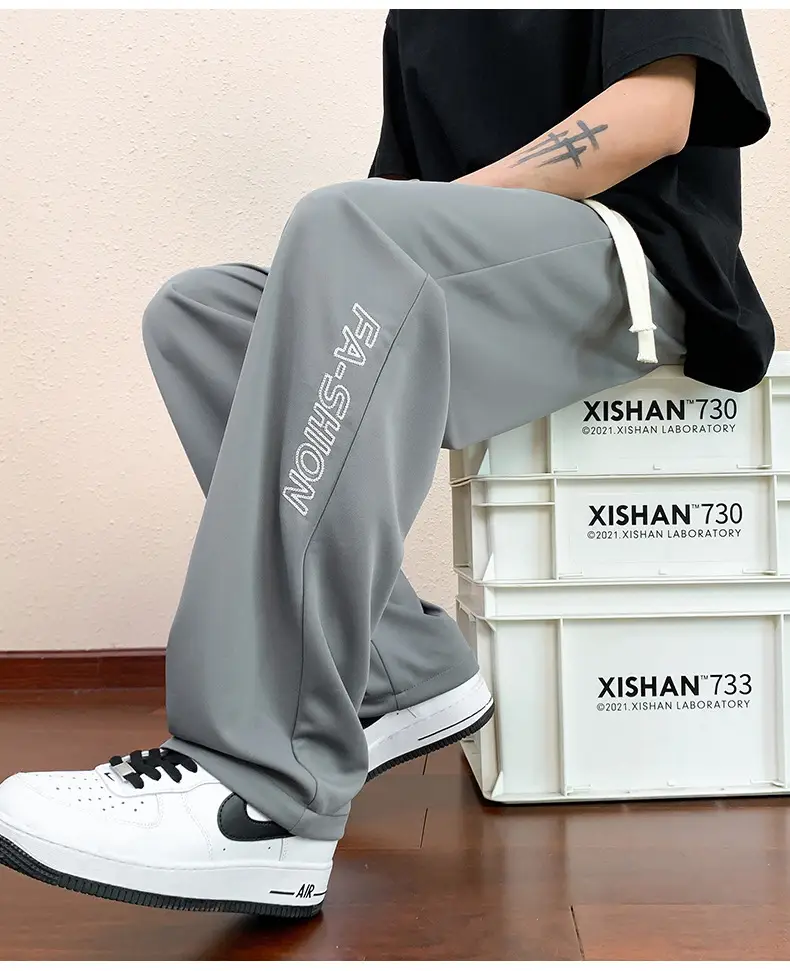 Men Black Straight Ice Silk Pants Summer Loose Wide Leg Sports Casual — feature 24