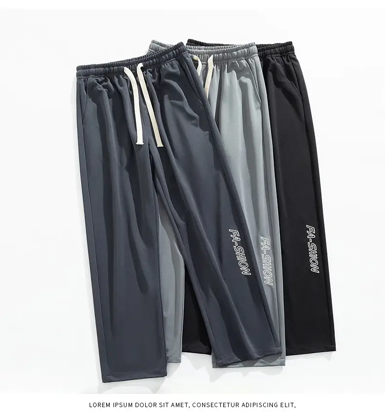 Men Black Straight Ice Silk Pants Summer Loose Wide Leg Sports Casual — feature 28