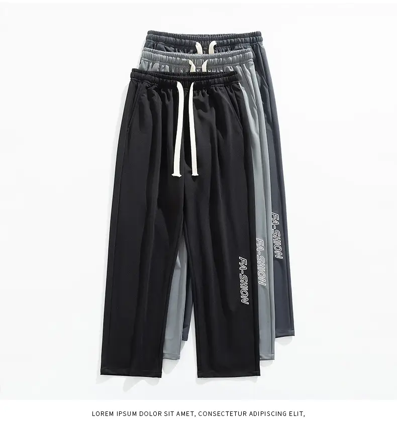 Men Black Straight Ice Silk Pants Summer Loose Wide Leg Sports Casual — feature 29