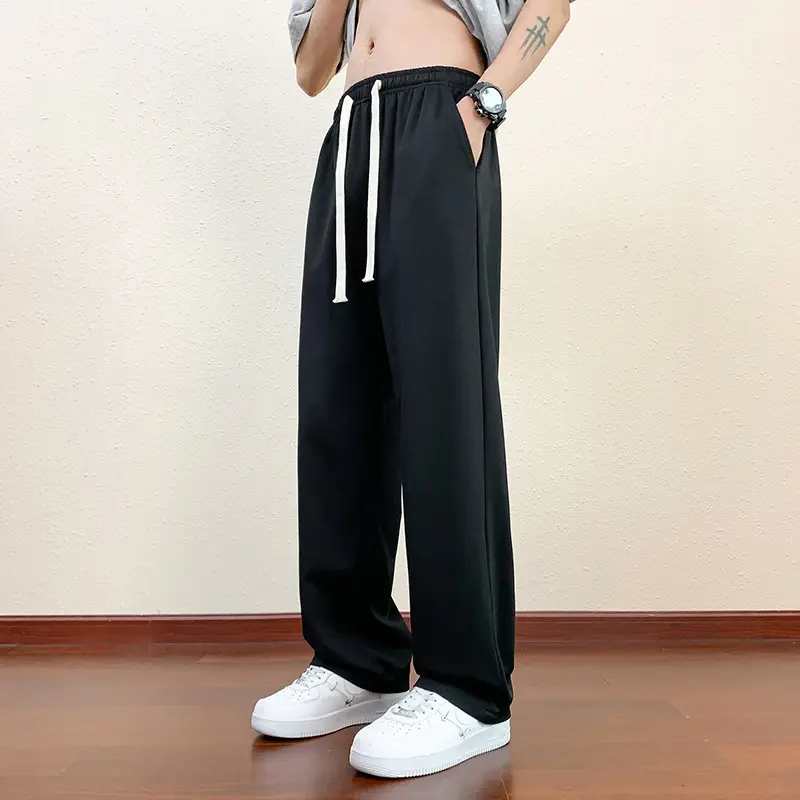 Men Black Straight Ice Silk Pants Summer Loose Wide Leg Sports Casual - Image 16