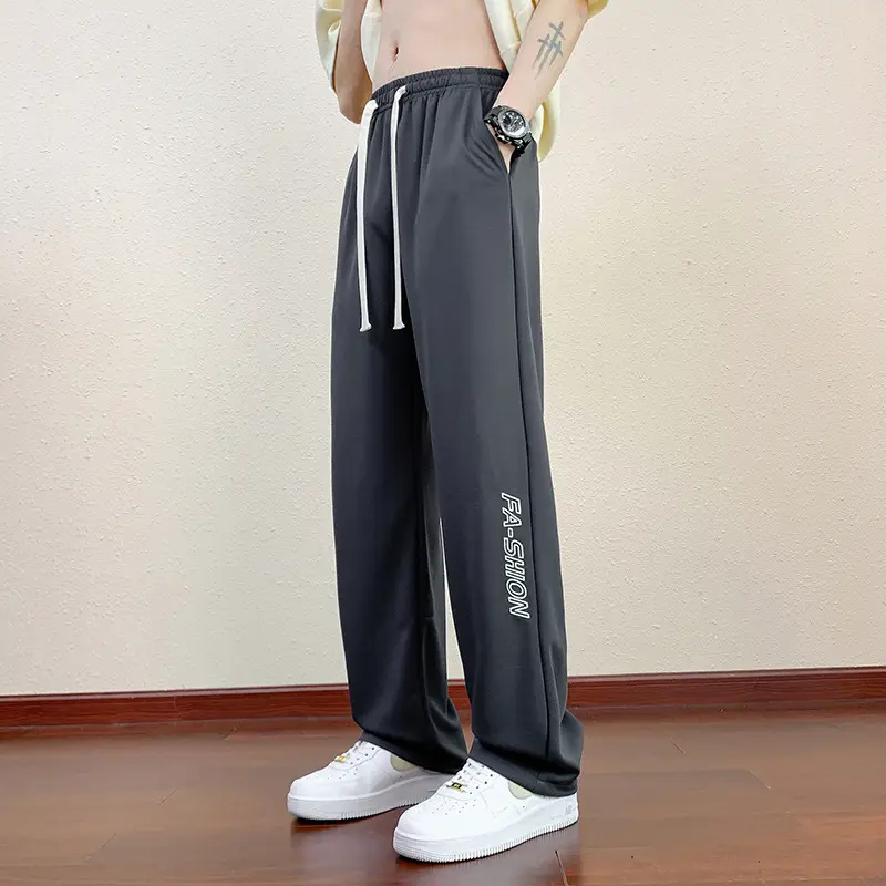 Men Black Straight Ice Silk Pants Summer Loose Wide Leg Sports Casual - Image 2