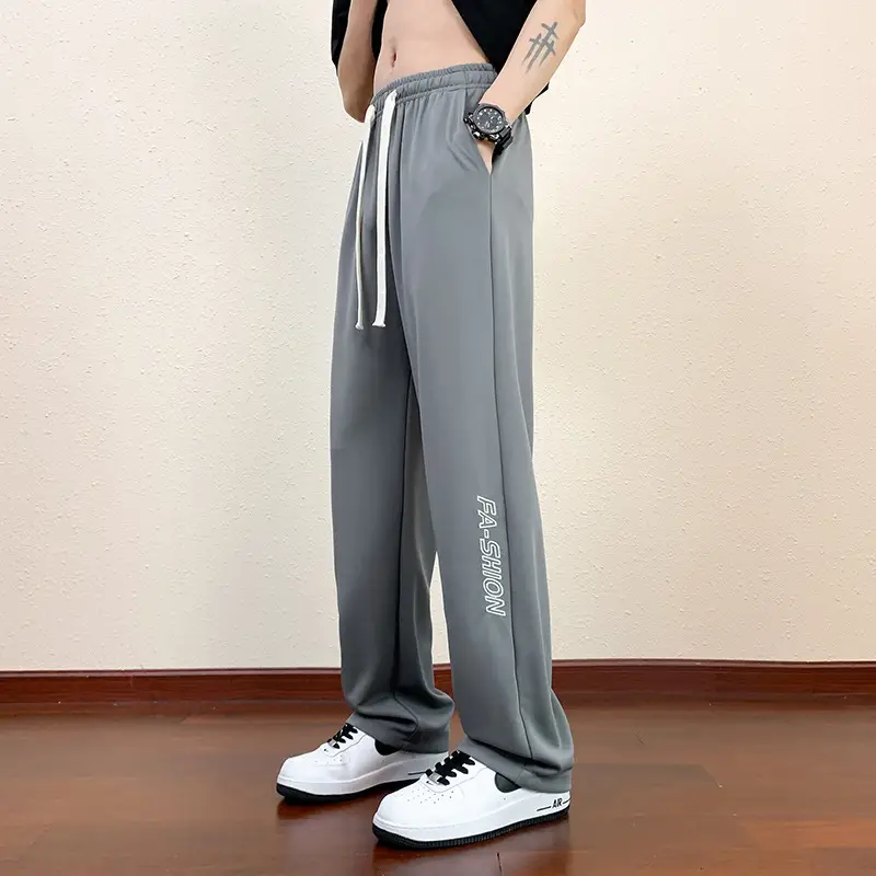 Men Black Straight Ice Silk Pants Summer Loose Wide Leg Sports Casual - Image 3