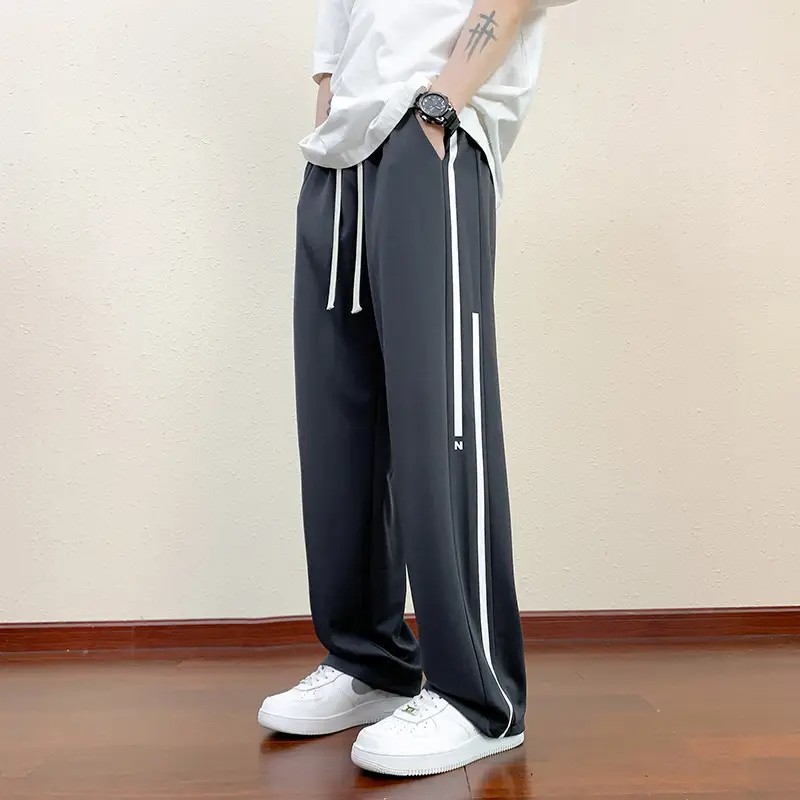 Men Black Straight Ice Silk Pants Summer Loose Wide Leg Sports Casual - Image 8