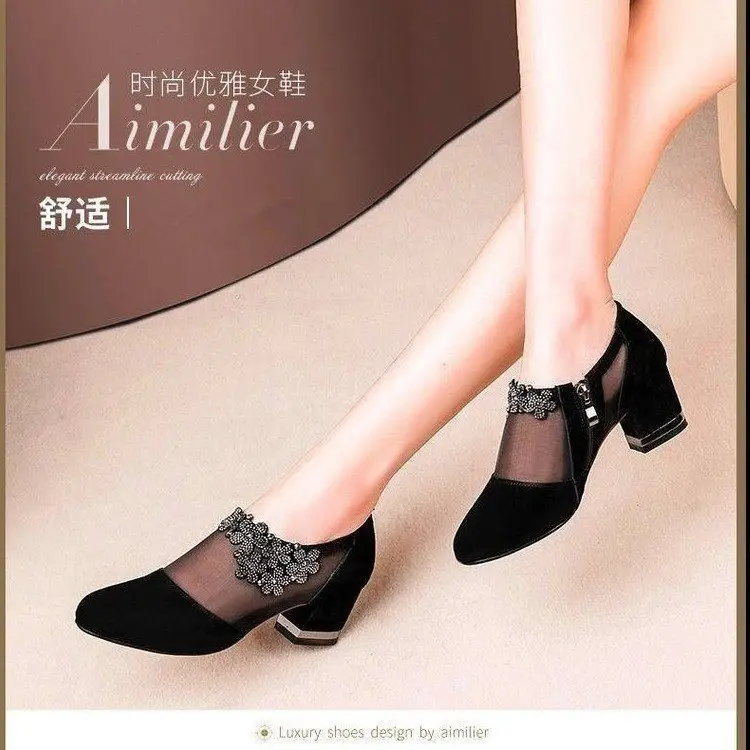 Summer New Hollow Sandals Women's Frosted Rhinestone Round Toe Korean Style Thick Heel Single-layer Shoes Mid Heel Large Size Mesh Sandals - Image 4