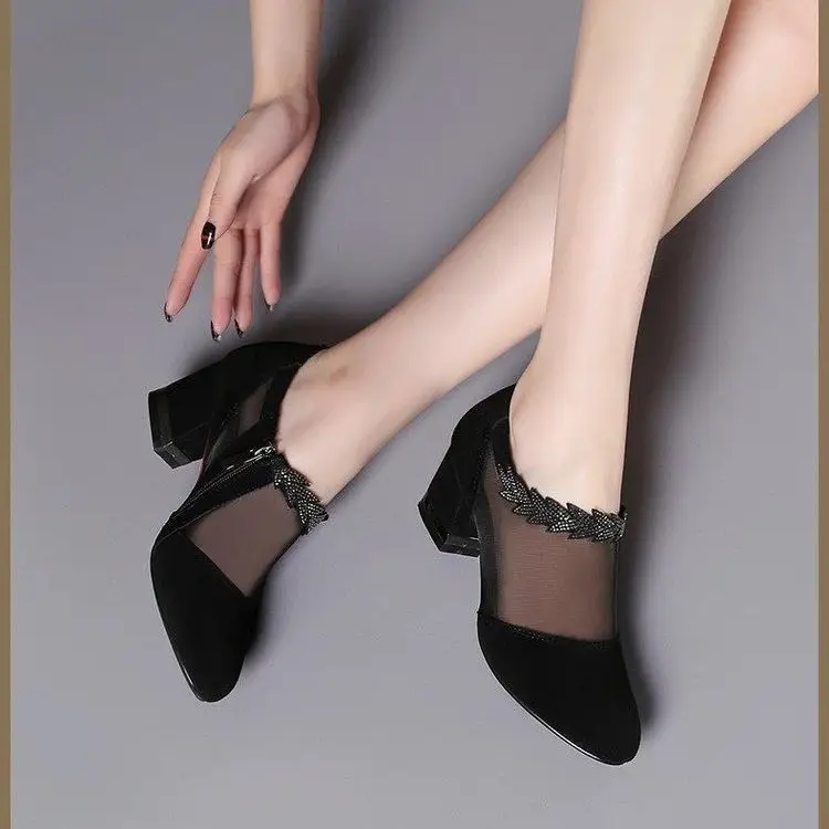 Summer New Hollow Sandals Women's Frosted Rhinestone Round Toe Korean Style Thick Heel Single-layer Shoes Mid Heel Large Size Mesh Sandals - Image 5
