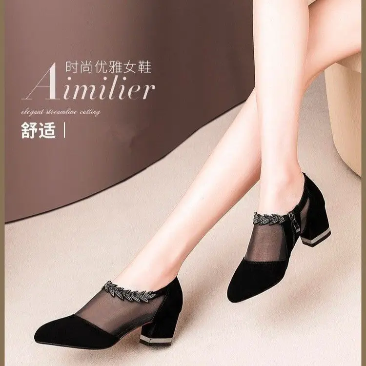 Summer New Hollow Sandals Women's Frosted Rhinestone Round Toe Korean Style Thick Heel Single-layer Shoes Mid Heel Large Size Mesh Sandals - Image 6