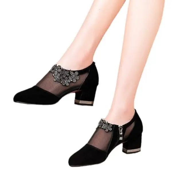 Summer New Hollow Sandals Women's Frosted Rhinestone Round Toe Korean Style Thick Heel Single-layer Shoes Mid Heel Large Size Mesh Sandals - Image 7