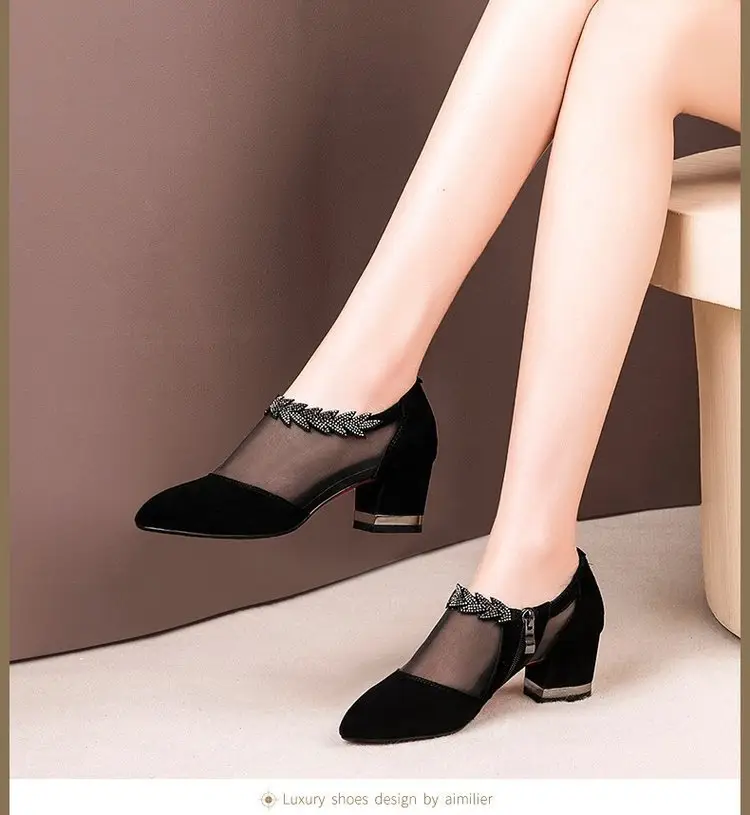 Summer New Hollow Sandals Women's Frosted Rhinestone Round Toe Korean Style Thick Heel Single-layer Shoes Mid Heel Large Size Mesh Sandals — feature 11
