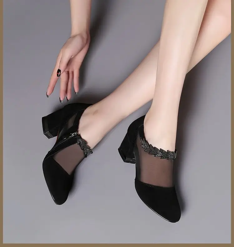 Summer New Hollow Sandals Women's Frosted Rhinestone Round Toe Korean Style Thick Heel Single-layer Shoes Mid Heel Large Size Mesh Sandals — feature 15