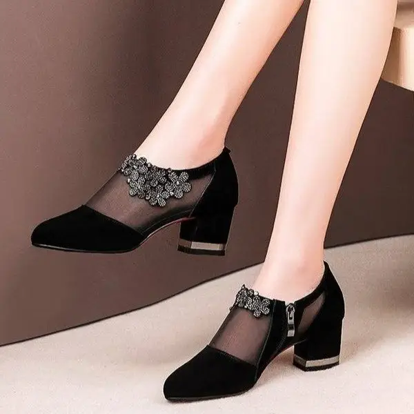 Summer New Hollow Sandals Women's Frosted Rhinestone Round Toe Korean Style Thick Heel Single-layer Shoes Mid Heel Large Size Mesh Sandals — feature 2