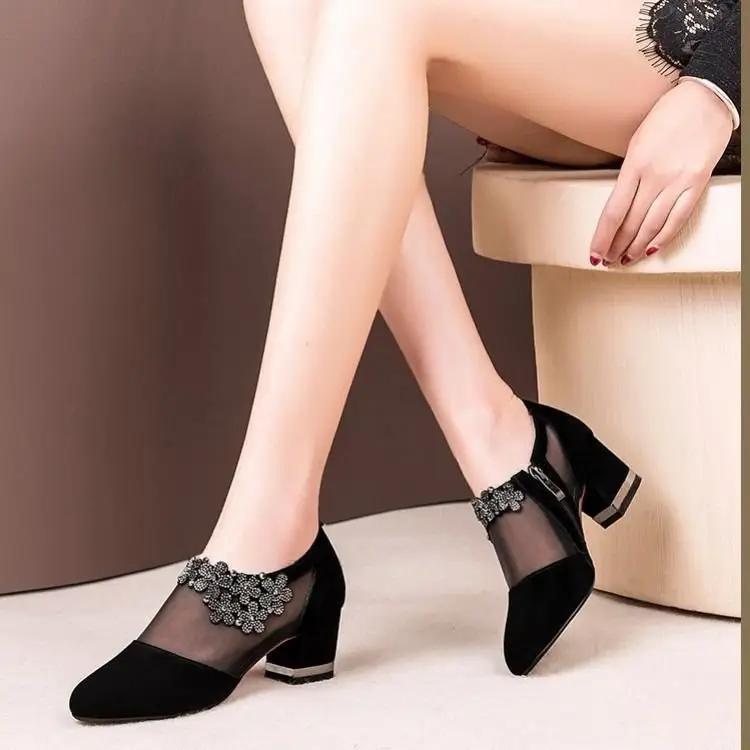 Summer New Hollow Sandals Women's Frosted Rhinestone Round Toe Korean Style Thick Heel Single-layer Shoes Mid Heel Large Size Mesh Sandals — feature 3