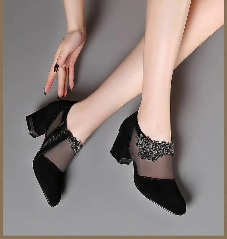 Summer New Hollow Sandals Women's Frosted Rhinestone Round Toe Korean Style Thick Heel Single-layer Shoes Mid Heel Large Size Mesh Sandals — feature 8