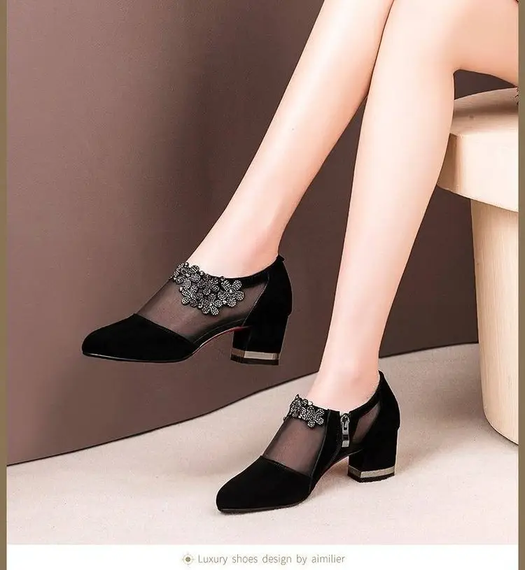 Summer New Hollow Sandals Women's Frosted Rhinestone Round Toe Korean Style Thick Heel Single-layer Shoes Mid Heel Large Size Mesh Sandals — feature 9
