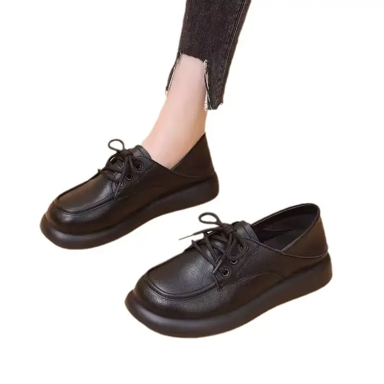 Work Small Leather Shoes Women's 2024 Spring New Lace-up Soft Sole Single-layer Shoes Women's British Style Two-Wear Work Loafers - Image 7
