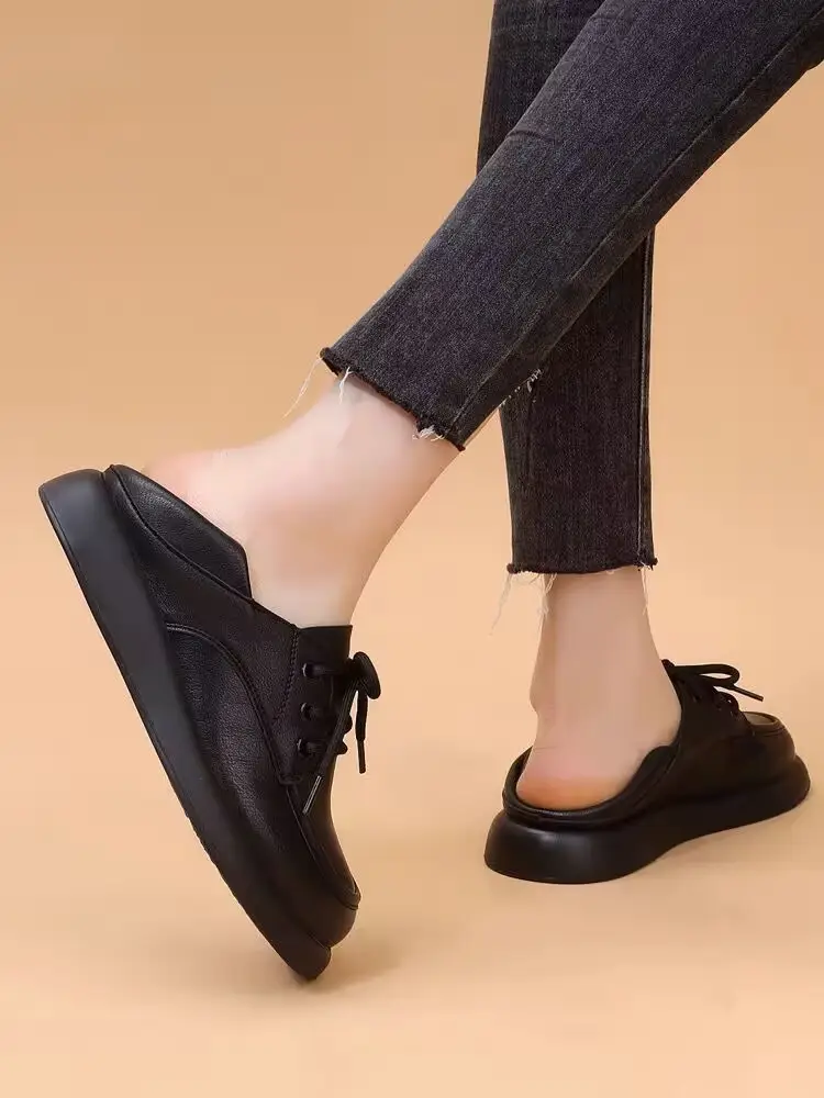 Work Small Leather Shoes Women's 2024 Spring New Lace-up Soft Sole Single-layer Shoes Women's British Style Two-Wear Work Loafers — feature 2