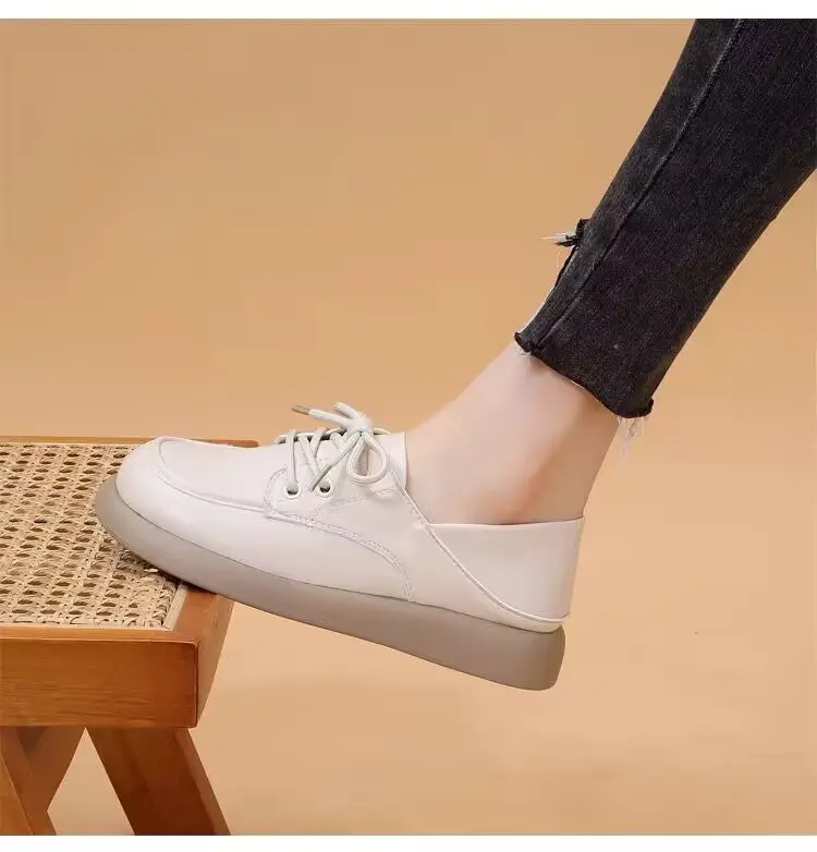 Work Small Leather Shoes Women's 2024 Spring New Lace-up Soft Sole Single-layer Shoes Women's British Style Two-Wear Work Loafers — feature 3