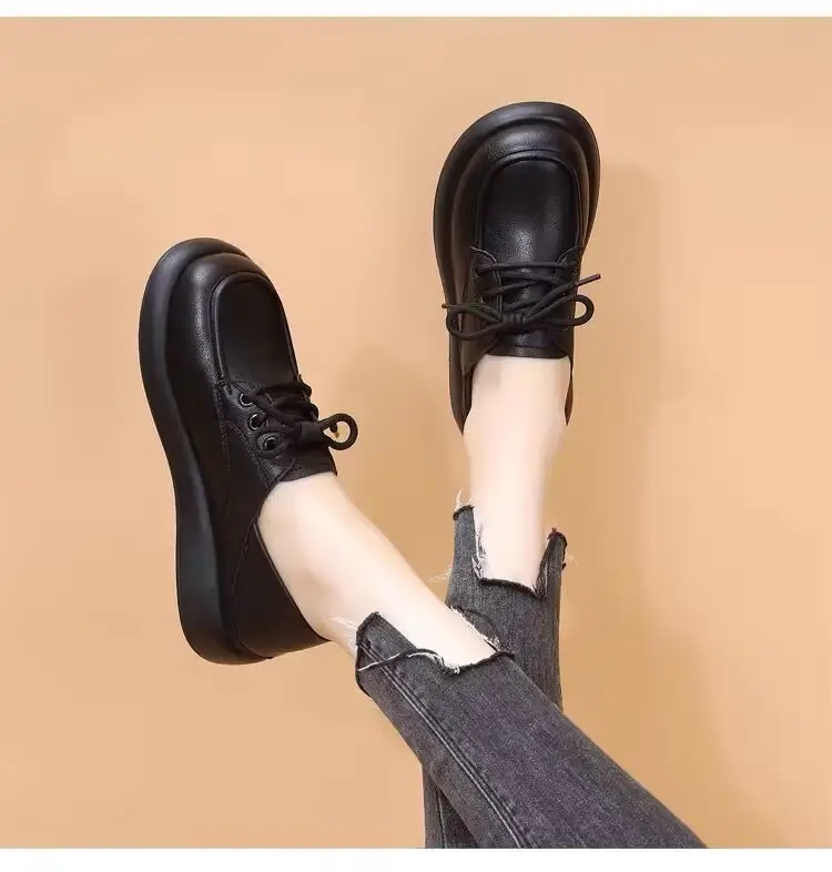 Work Small Leather Shoes Women's 2024 Spring New Lace-up Soft Sole Single-layer Shoes Women's British Style Two-Wear Work Loafers — feature 4