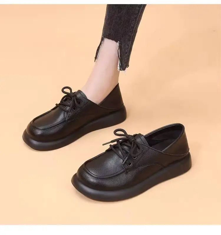 Work Small Leather Shoes Women's 2024 Spring New Lace-up Soft Sole Single-layer Shoes Women's British Style Two-Wear Work Loafers — feature 7