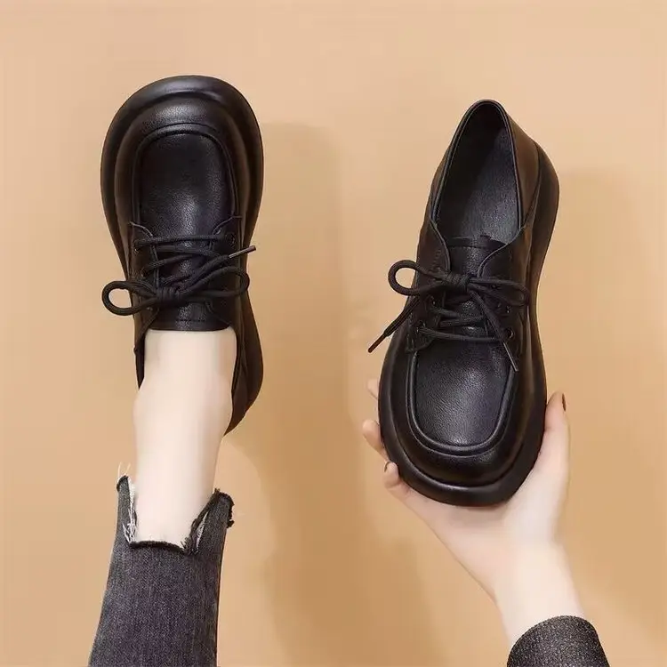 Work Small Leather Shoes Women's 2024 Spring New Lace-up Soft Sole Single-layer Shoes Women's British Style Two-Wear Work Loafers — feature 8