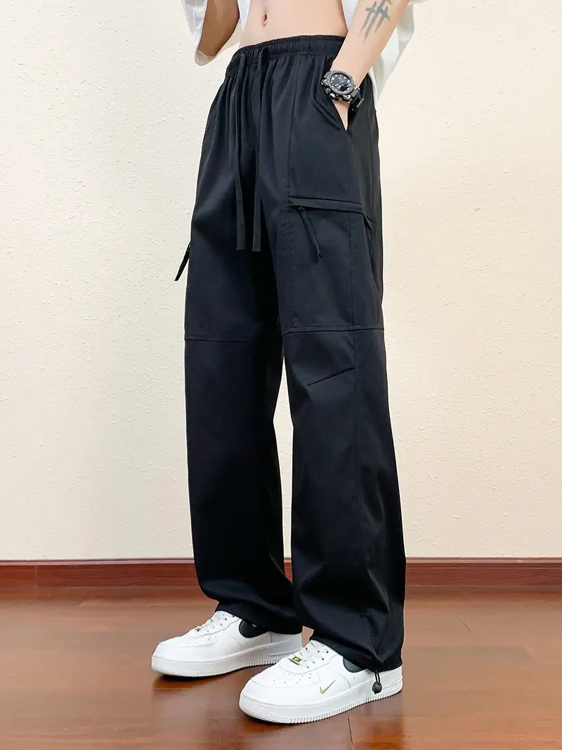 Men's Black Cargo Pants Straight Loose Spring Summer Casual - Image 5