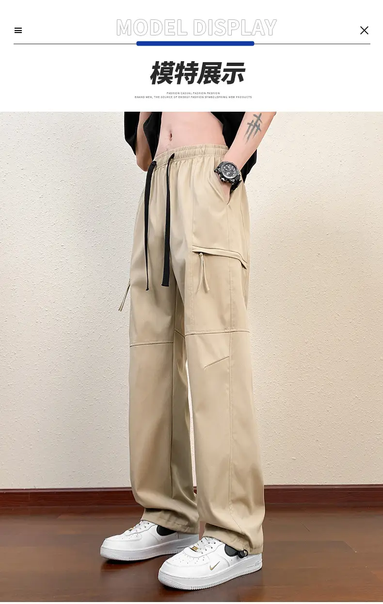 Men's Black Cargo Pants Straight Loose Spring Summer Casual — feature 12