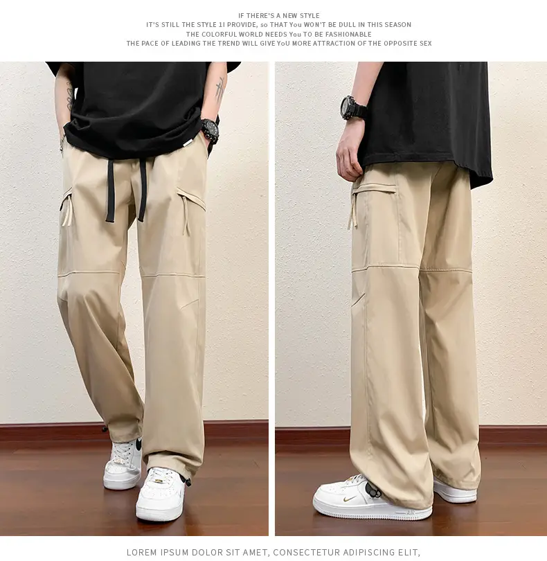 Men's Black Cargo Pants Straight Loose Spring Summer Casual — feature 13