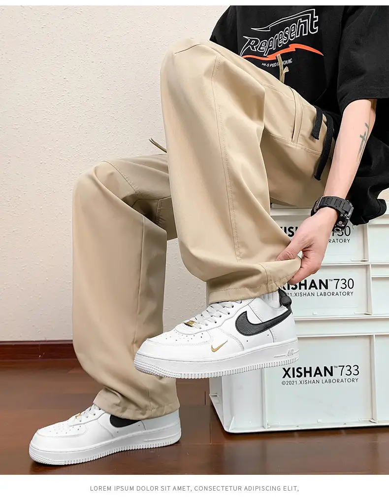 Men's Black Cargo Pants Straight Loose Spring Summer Casual — feature 16